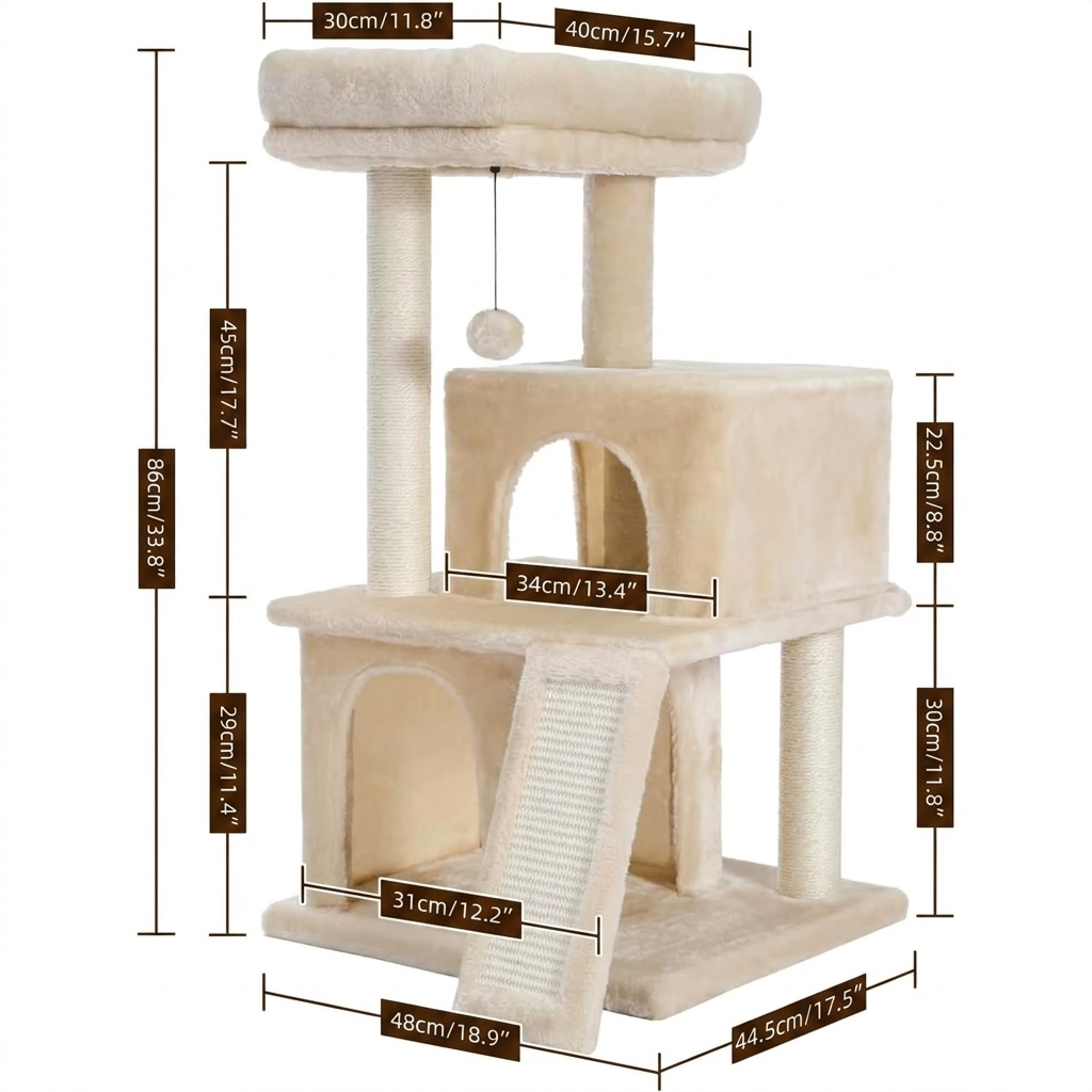 Dimensions arbre à chat compact 86cm hauteur base 48x44cm plateforme 40x30cm petit appartement studio