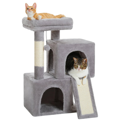 Arbre à chat gris compact deux chats niche fermée rampe griffoir sisal poteau à griffer intérieur