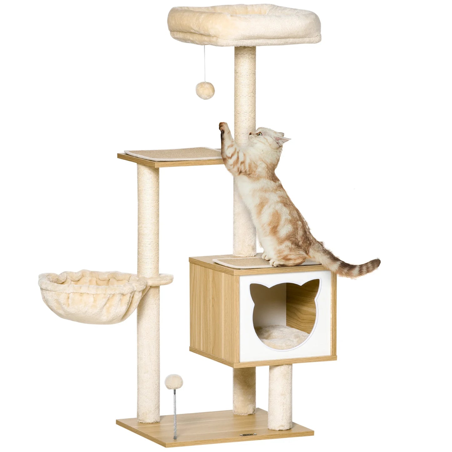 Dimensions arbre à chat bois naturel 126cm : base 48x40cm, cabane 34x34cm entrée 20x29cm, hamac 30cm, plateforme haute 34x34cm, griffoir sisal