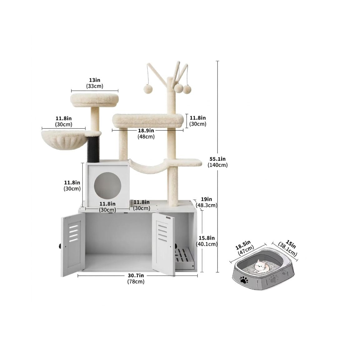 Fiche technique arbre à chat 2-en-1 : hauteur 140cm, largeur 78cm, profondeur 48cm, plateformes 33-48cm, bac litière 47x38cm