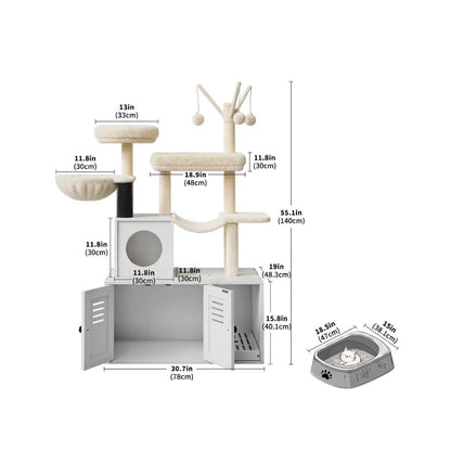 Fiche technique arbre à chat 2-en-1 : hauteur 140cm, largeur 78cm, profondeur 48cm, plateformes 33-48cm, bac litière 47x38cm