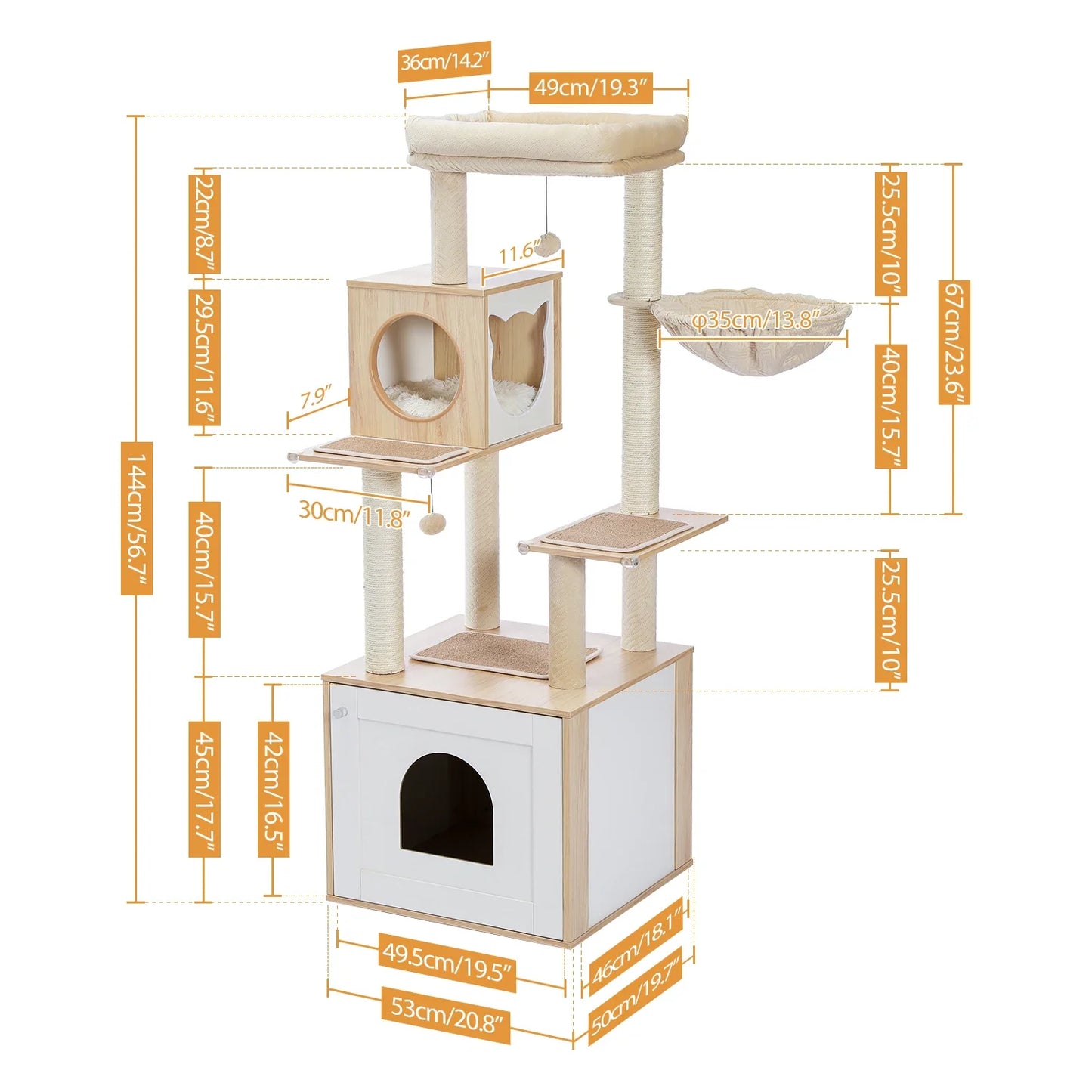 Fiche technique arbre à chat bois naturel 144cm : base 53x50cm, niche 45x42cm entrée arche, cabane ronde 29.5cm, hamac diamètre 35cm, plateforme haute 49x36cm