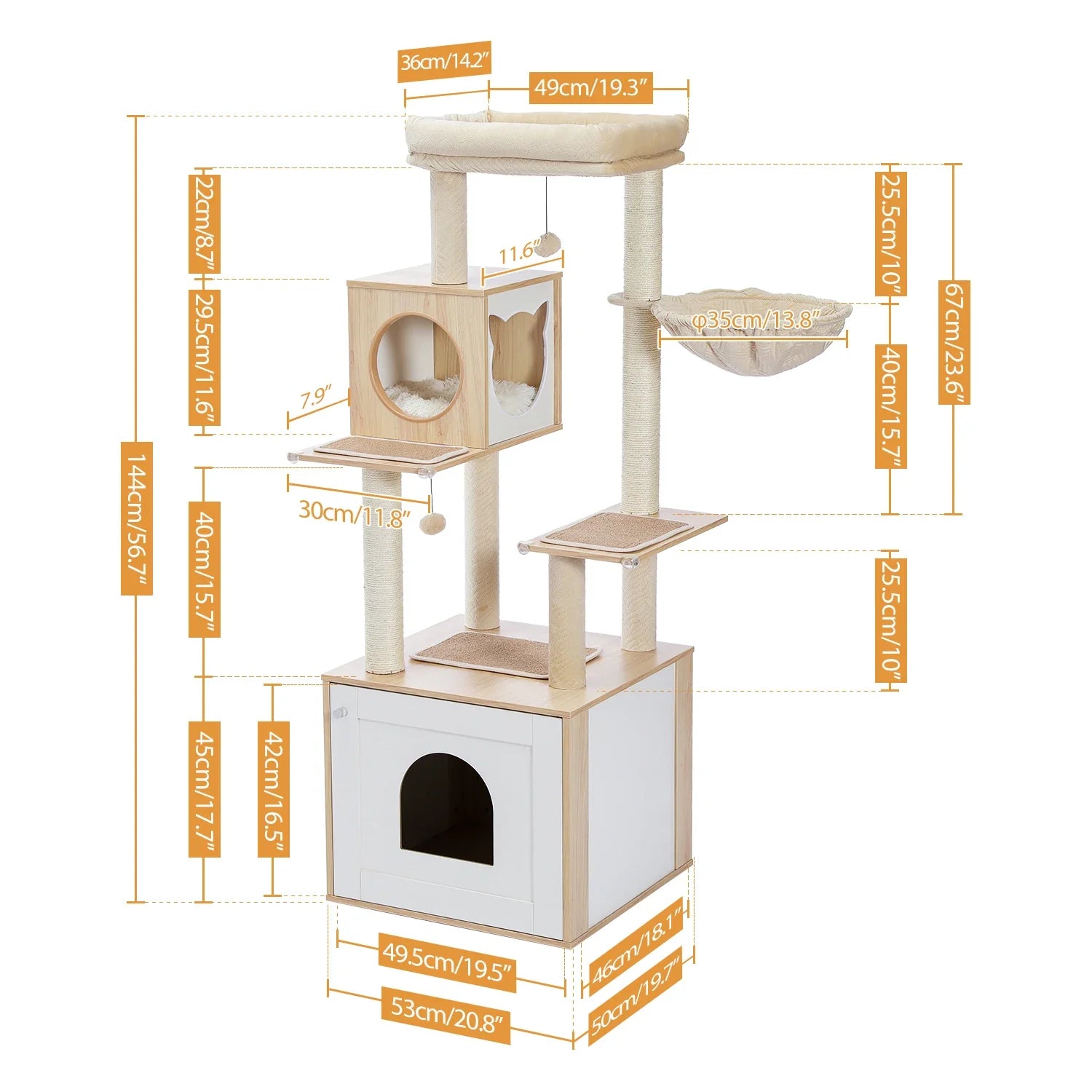 Fiche technique arbre à chat bois naturel 144cm : base 53x50cm, niche 45x42cm entrée arche, cabane ronde 29.5cm, hamac diamètre 35cm, plateforme haute 49x36cm