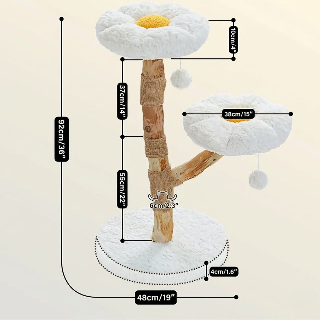 Dimensions arbre à chat fleur marguerite 92cm : base ronde 48cm, plateforme haute fleur 38cm, plateforme latérale 38cm, griffoir jute 55cm, tronc bois naturel brut