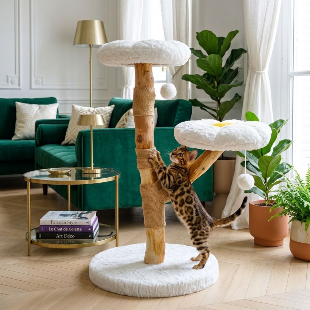 Arbre à chat fleur marguerite blanc bois naturel 92cm, 2 plateformes fleur peluche blanche centre jaune, griffoir jute, pompons blancs suspendus, chat Bengal salon parisien