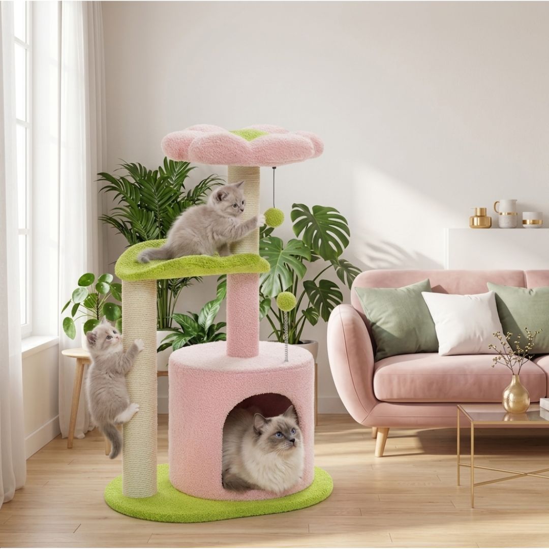 arbre à chat fleur rose et vert dans un salon moderne canapé rose et plantes vertes chat Ragdoll se repose dans cabane ronde deux chatons blanc et gris l'un grimpe griffoir sisal l'autre attrape pompon vert suspendu