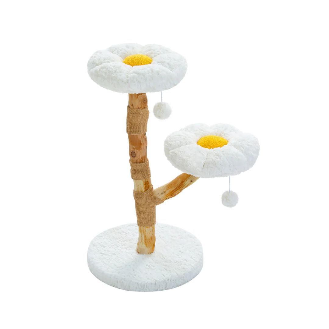 Arbre à chat fleur peluche blanche tronc bois naturel brut 92cm, plateforme haute fleur blanche centre jaune, plateforme latérale fleur, griffoir jute, pompons blancs, Bengal