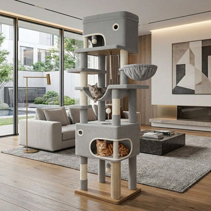 arbre à chat grand format gris XXL multi-niveaux, 2 cabanes superposées, grand hamac, griffoir sisal, corde, Tabby Bengal salon moderne