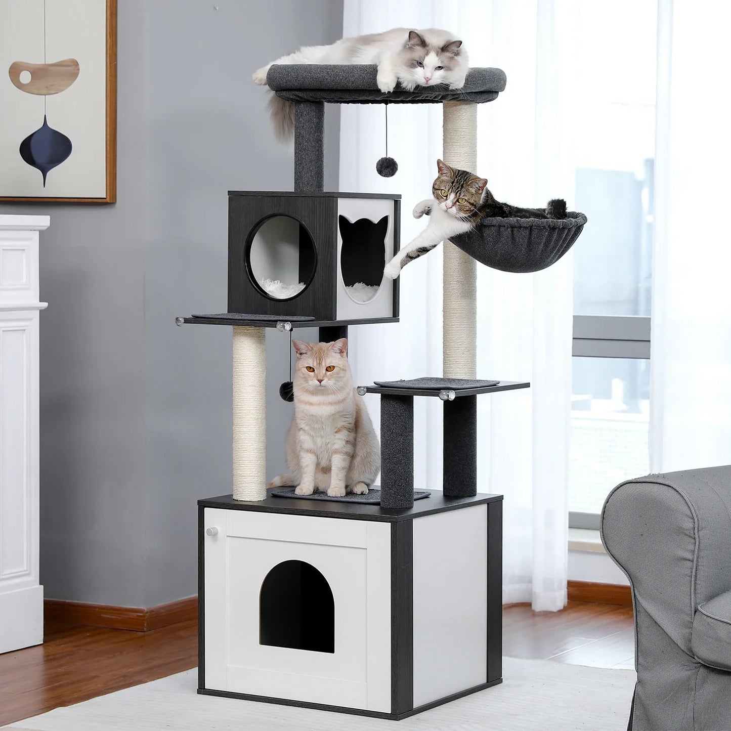 arbre à chat gris anthracite et blanc 144cm, niche entrée arche, cabane ronde tête chat, hamac gris, griffoir sisal naturel, Ragdoll Tabby appartement 