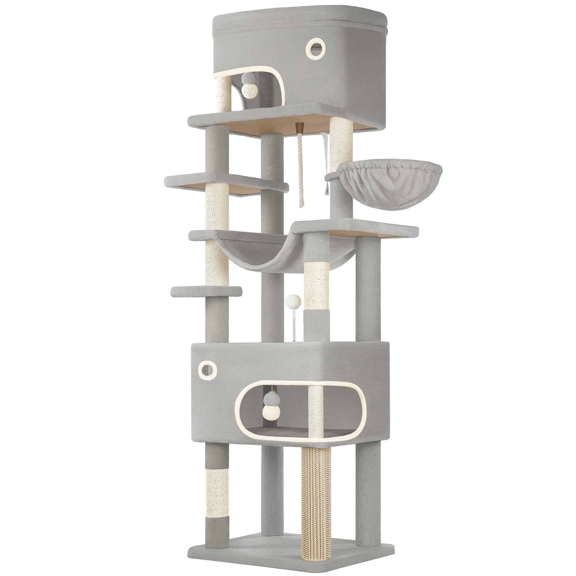 arbre à chat XXL gris clair multi-niveaux fond blanc, 2 grandes cabanes superposées, hamac suspendu, hamac bas, griffoir sisal, corde jouet pompon