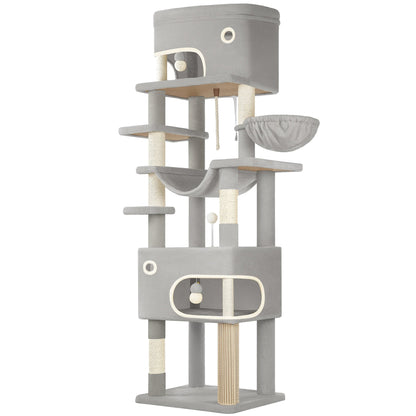 arbre à chat XXL gris clair multi-niveaux fond blanc, 2 grandes cabanes superposées, hamac suspendu, hamac bas, griffoir sisal, corde jouet pompon