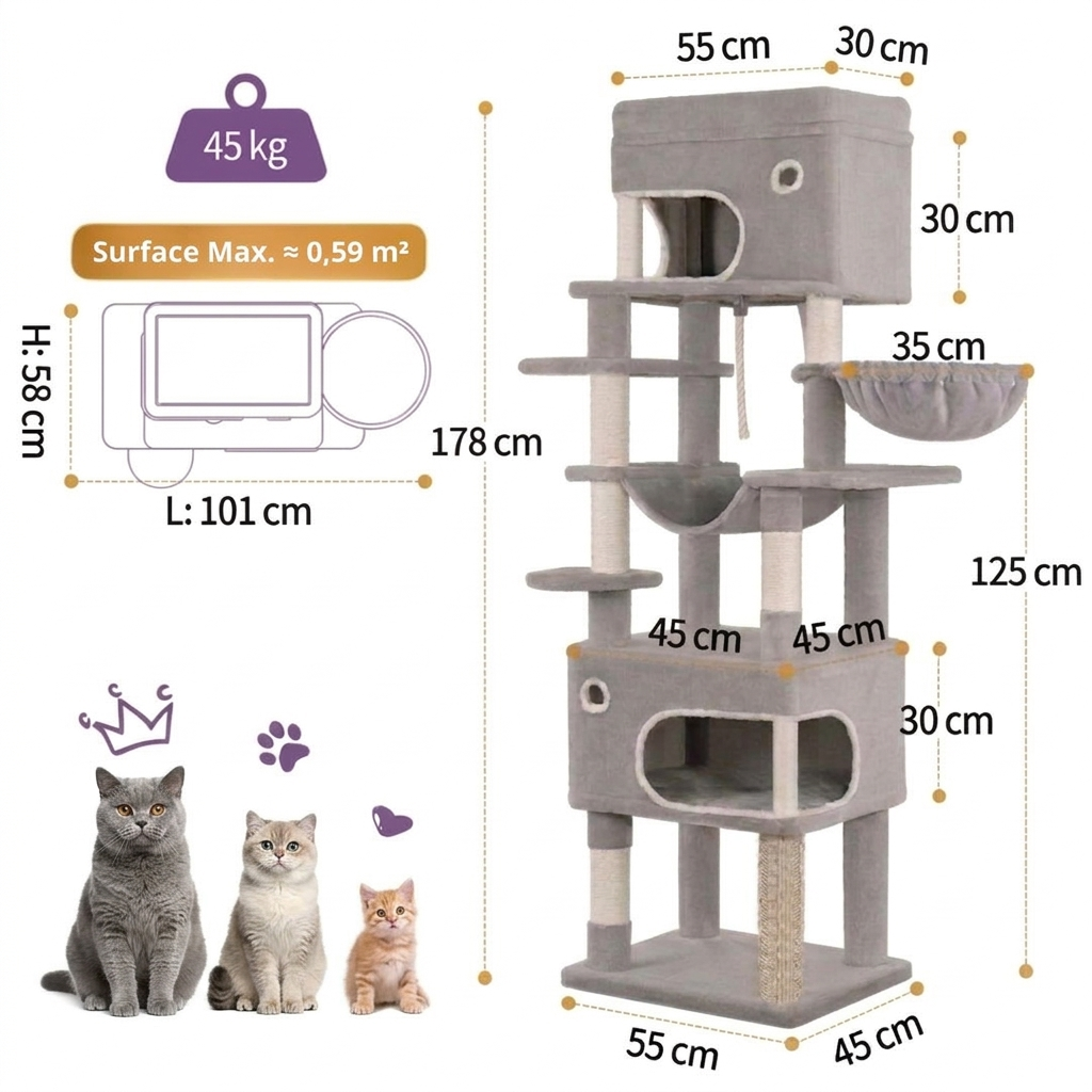 mesures et détails arbre à chat gris grand format, zoom cabane entrée ronde peluche, griffoir sisal naturel résistant, structure stable multi-niveaux appartement