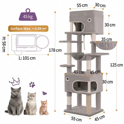 mesures et détails arbre à chat gris grand format, zoom cabane entrée ronde peluche, griffoir sisal naturel résistant, structure stable multi-niveaux appartement
