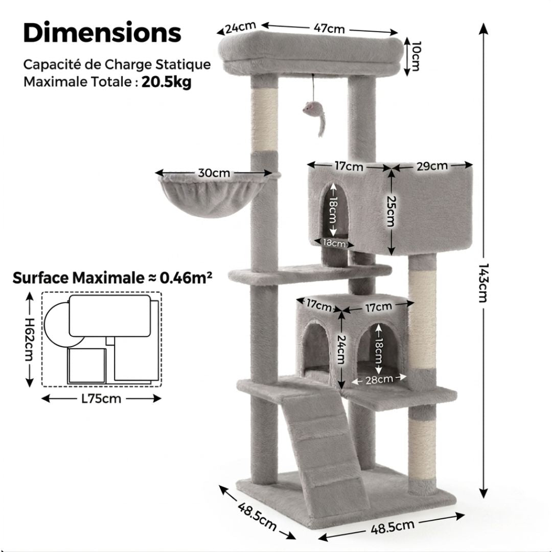 fiche dimensions arbre à chat gris 143cm hauteur base 75x62cm double niche hamac 30cm rampe capacité 20kg