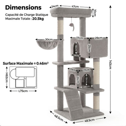 fiche dimensions arbre à chat gris 143cm hauteur base 75x62cm double niche hamac 30cm rampe capacité 20kg