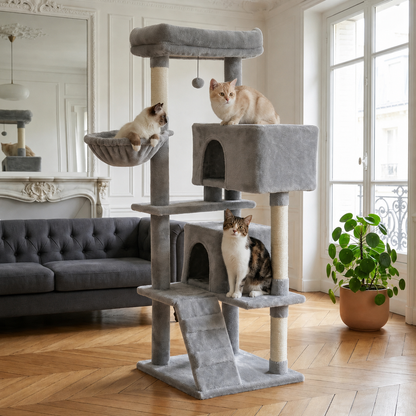 arbre à chat gris double niche hamac et rampe avec Siamois et chat roux dans un salon parisien haussmannien lumineux