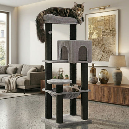 maine Coon allongé en haut d'un arbre à chat gris multi-niveaux dans un salon moderne lumineux avec Siamois dans le hamac