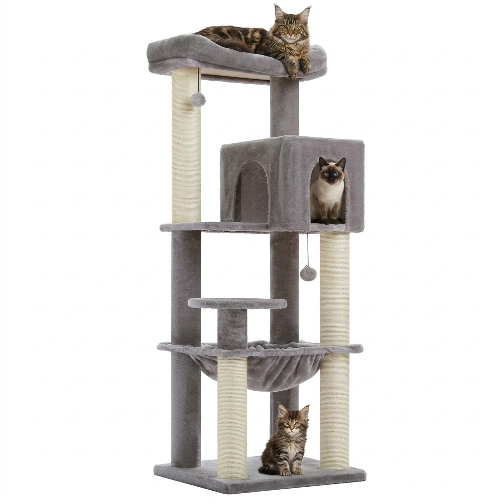 arbre à chat gris multi-niveaux fond blanc Maine Coon en haut Siamois dans la niche chaton Maine Coon en bas griffoir sisal