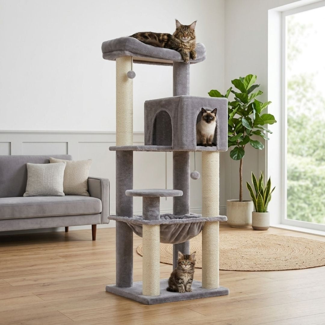 arbre à chat gris multi-niveaux avec Maine Coon en haut Siamois dans la niche et chaton Maine Coon en bas salon moderne lumineux