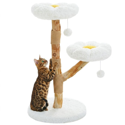 Arbre à chat marguerite blanc jaune 92cm fond blanc, tronc bois naturel brut, 2 plateformes fleur peluche blanche, griffoir jute naturel, 2 pompons suspendus, chat Bengal