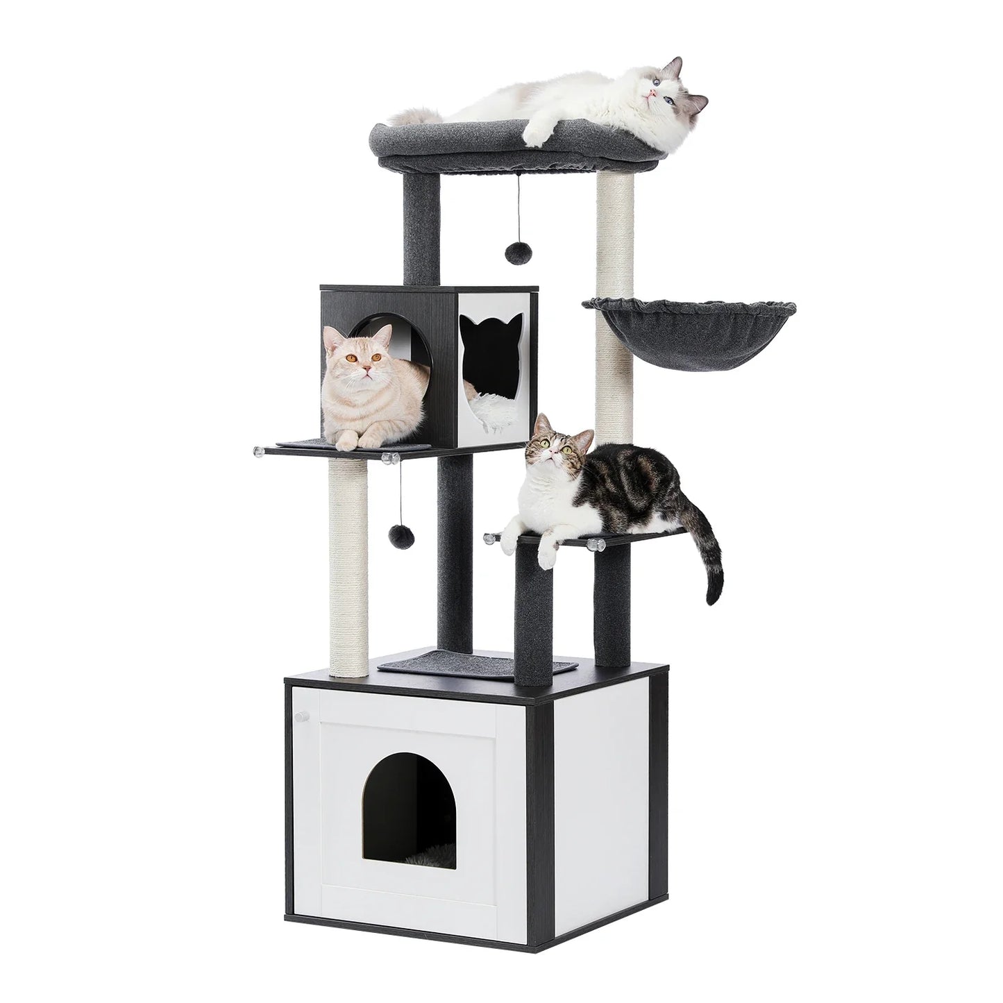 Arbre à chat XXL multi-niveaux gris blanc 144cm, grande niche porte arche, cabane 2 entrées, hamac gris foncé, griffoir sisal, pompon suspendu, 3 chats
