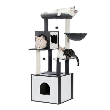 Arbre à chat XXL multi-niveaux gris blanc 144cm, grande niche porte arche, cabane 2 entrées, hamac gris foncé, griffoir sisal, pompon suspendu, 3 chats