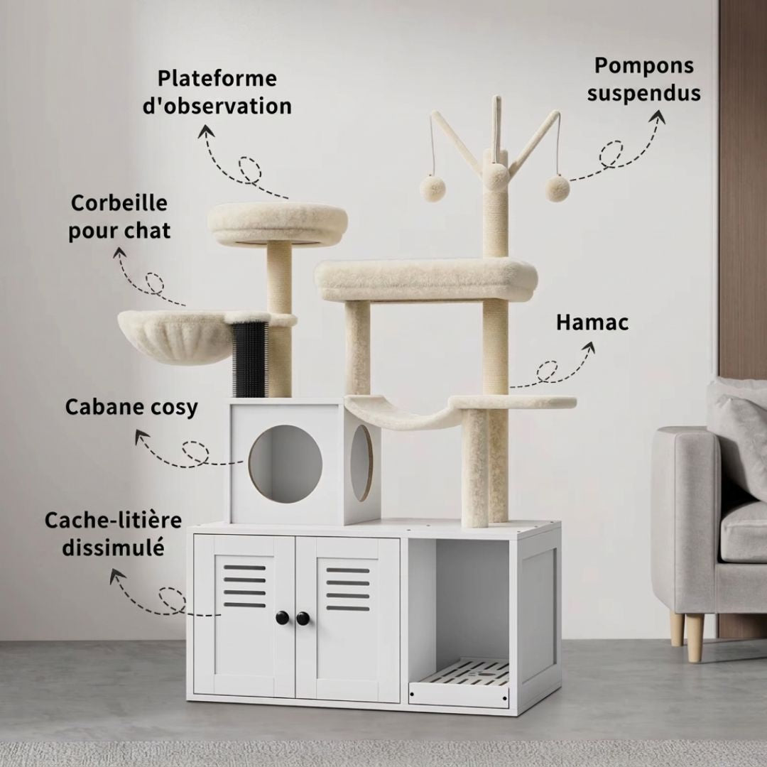 Infographie arbre à chat 2-en-1 : plateforme observation, corbeille peluche, hamac, cabane cosy, pompons jouets, cache-litière
