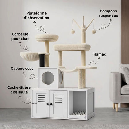 Infographie arbre à chat 2-en-1 : plateforme observation, corbeille peluche, hamac, cabane cosy, pompons jouets, cache-litière