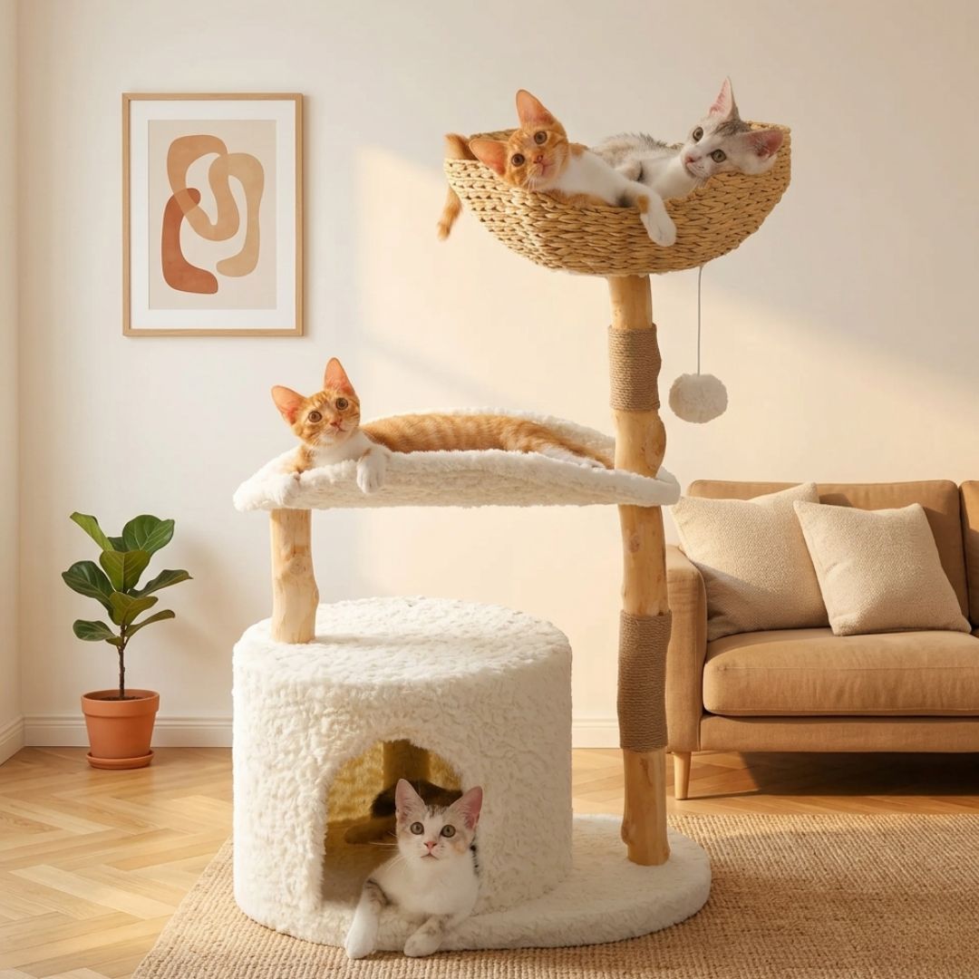 Trois chats profitant de leur arbre à chat nuage blanc en bois naturel dans un salon bohème ensoleillé
