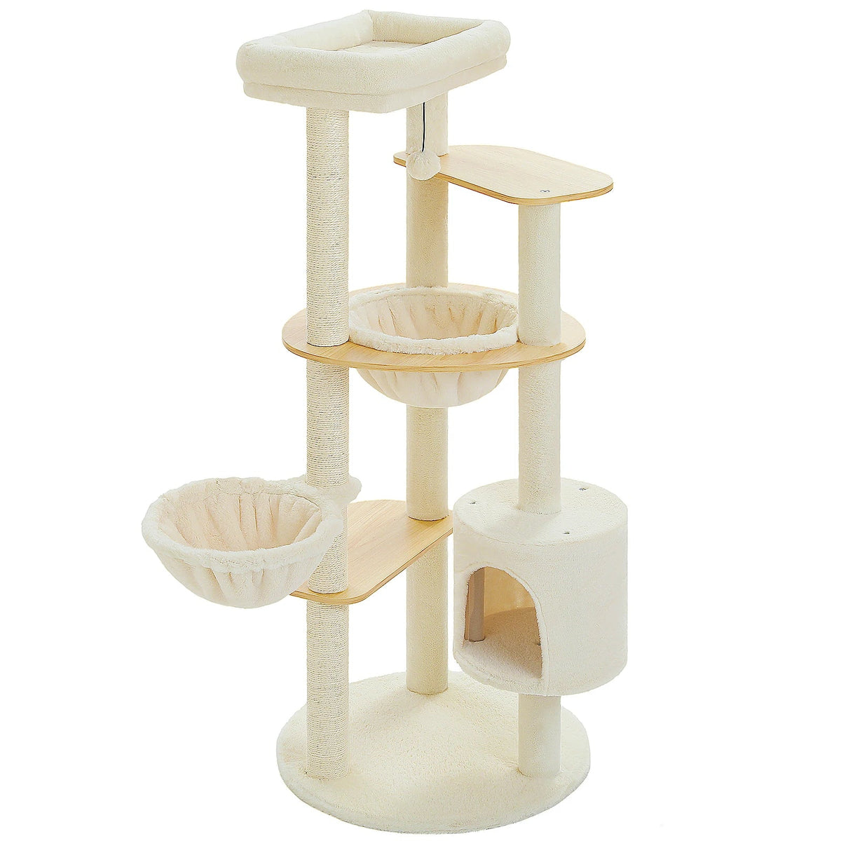 arbre à chat scandinave beige bois clair double corbeille cabane ronde socle rond griffoir sisal plateformes bois naturel