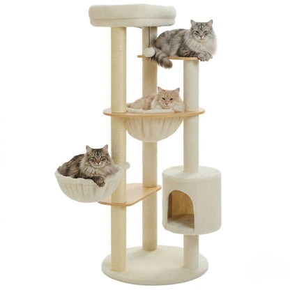trois chats poils longs beige et gris arbre à chat scandinave double corbeille confortable cabane ronde plateforme bois