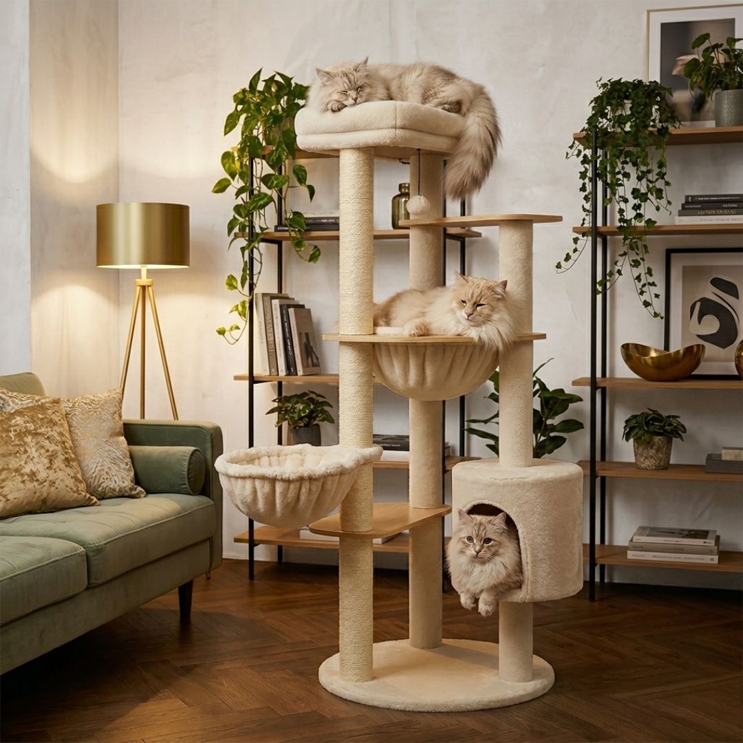 trois chats Ragdoll beige dans arbre à chat scandinave bois naturel cabane ronde double corbeille griffoir sisal salon chaleureux
