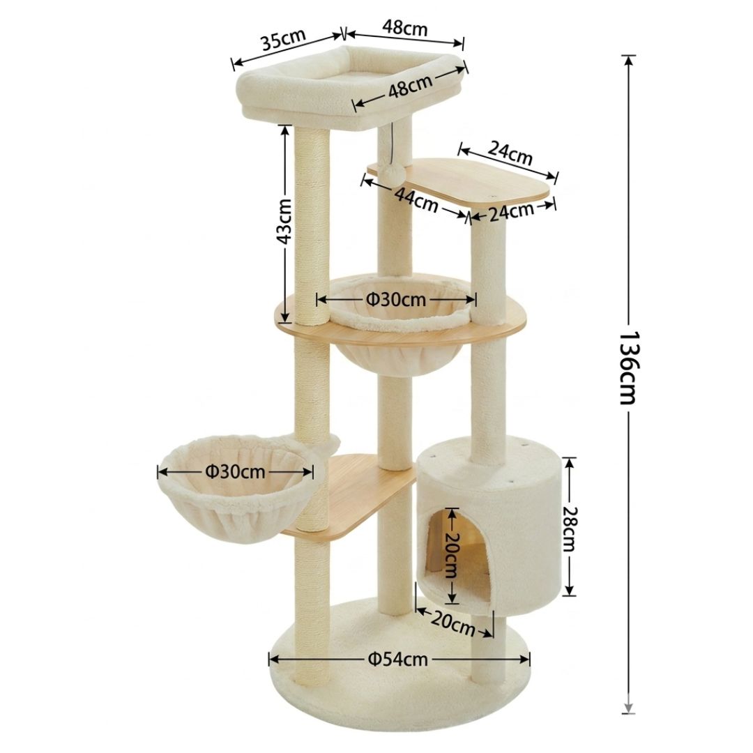 schéma dimensions arbre à chat scandinave 136 cm base ronde 54 cm double corbeille 30 cm cabane 28 cm plateforme haute 48x35 cm