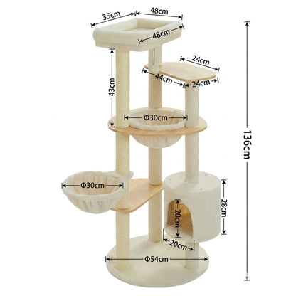 schéma dimensions arbre à chat scandinave 136 cm base ronde 54 cm double corbeille 30 cm cabane 28 cm plateforme haute 48x35 cm