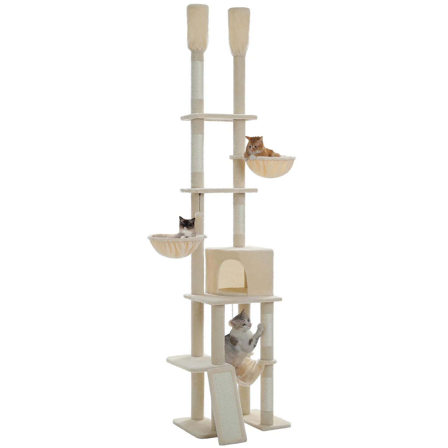 arbre à chat sol au plafond beige réglable sans perçage 7 niveaux hamac niche corbeille griffoir sisal
