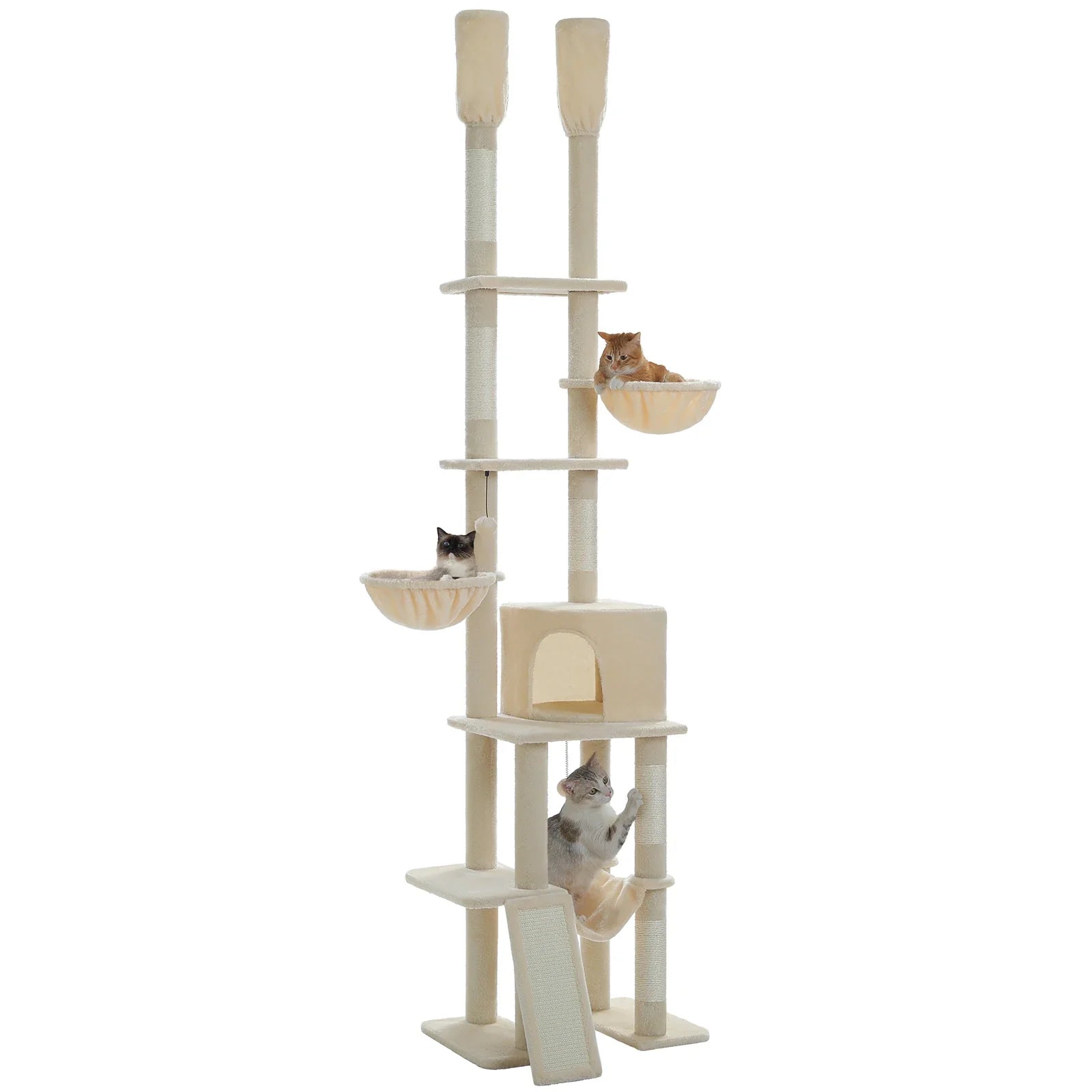 arbre à chat sol au plafond beige réglable sans perçage 7 niveaux hamac niche corbeille griffoir sisal