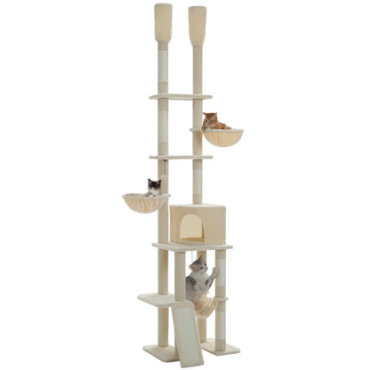 arbre à chat sol au plafond beige réglable sans perçage 7 niveaux hamac niche corbeille griffoir sisal
