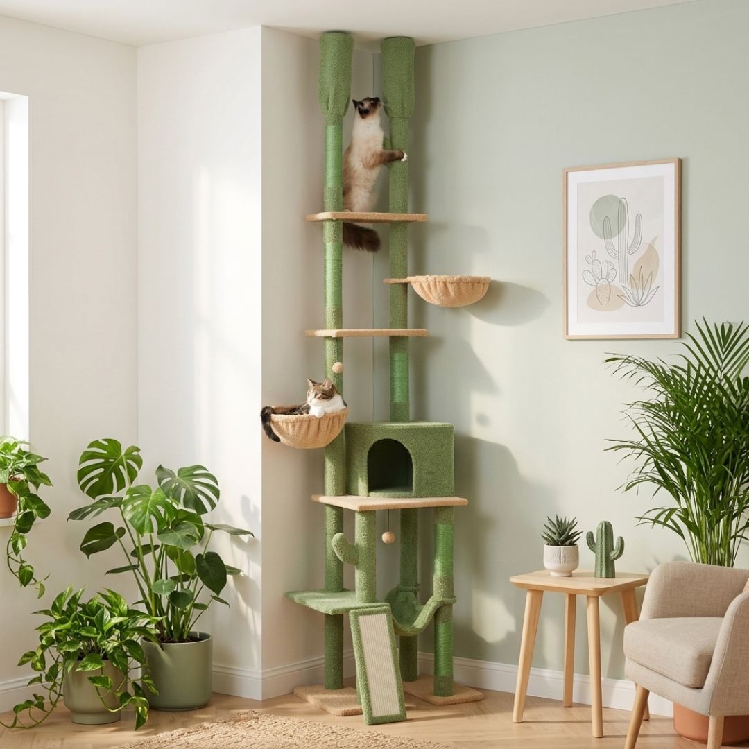 arbre à chat cactus sol au plafond vert réglable dans un salon bohème avec Ragdoll grimpant sur les niveaux
