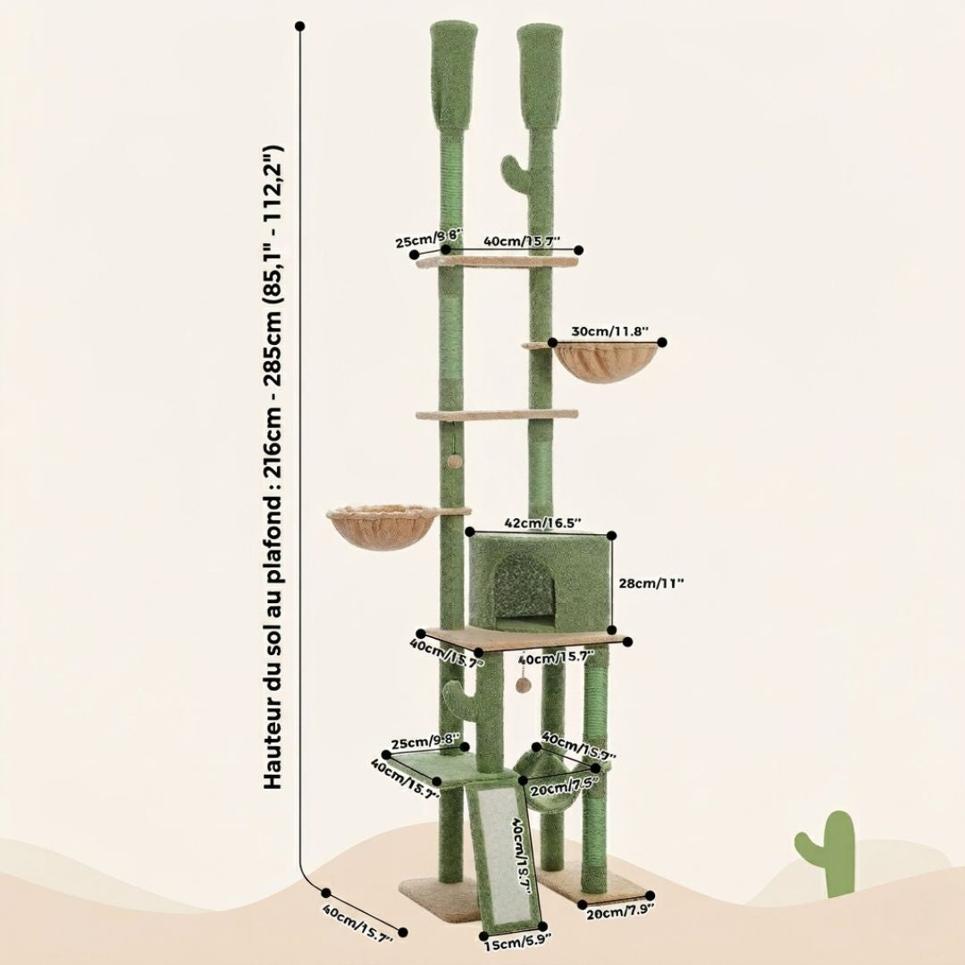 Fiche dimensions arbre à chat sol au plafond réglable 216 à 285 cm base 40cm hamac 30cm niche 42cm
