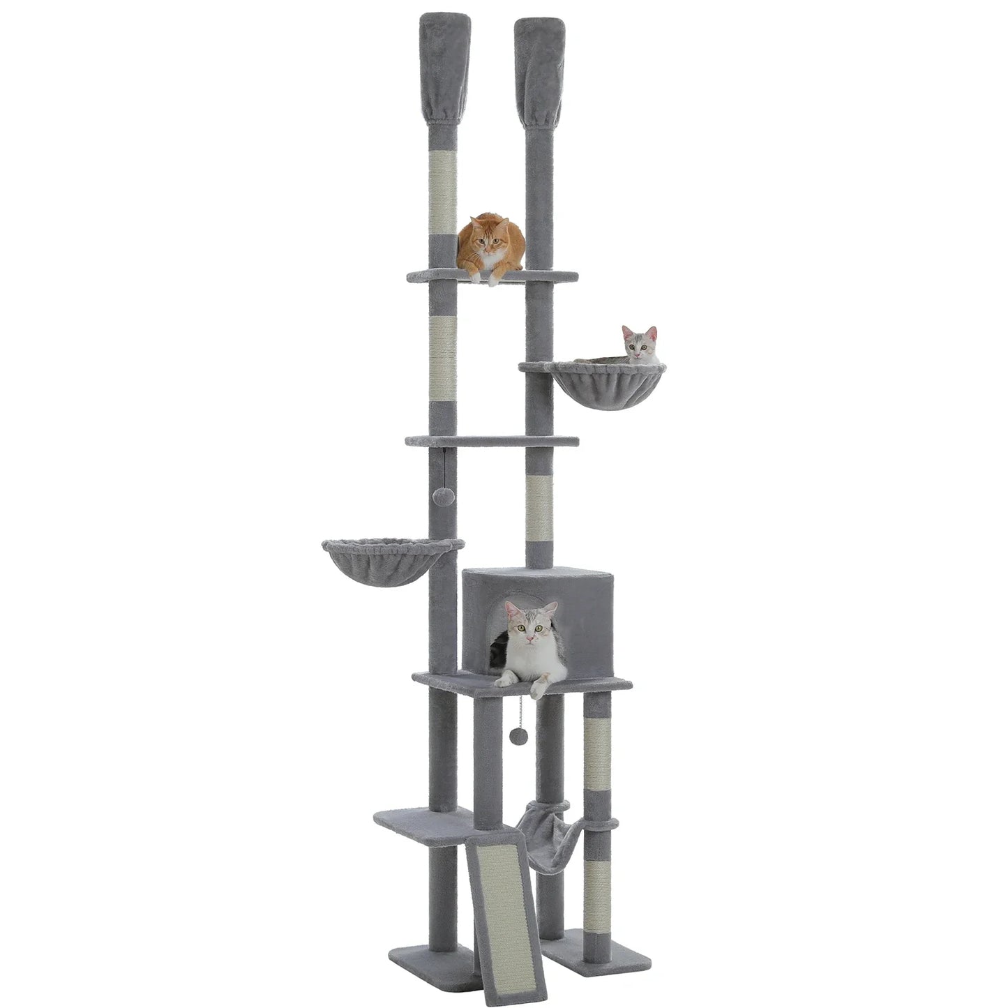 arbre à chat sol au plafond gris réglable sans perçage fond blanc chat roux en haut chaton dans corbeille et chat blanc dans niche griffoir sisal