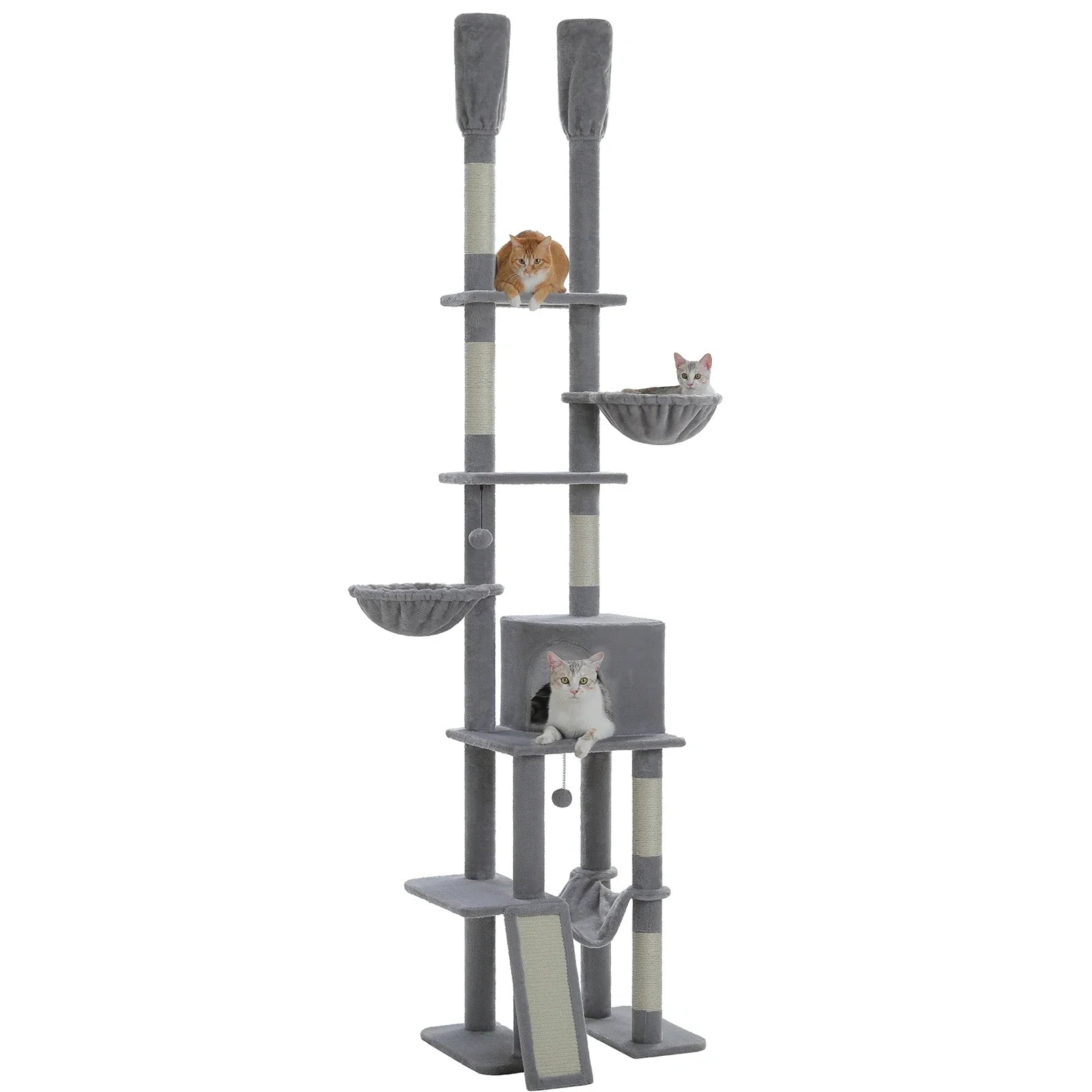 arbre à chat sol au plafond gris réglable sans perçage fond blanc chat roux en haut chaton dans corbeille et chat blanc dans niche griffoir sisal
