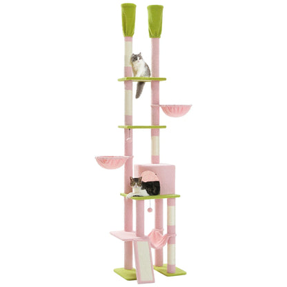 aour à chat sol plafond rose et vert réglable sans perçage avec deux chats sur les niveaux et hamac