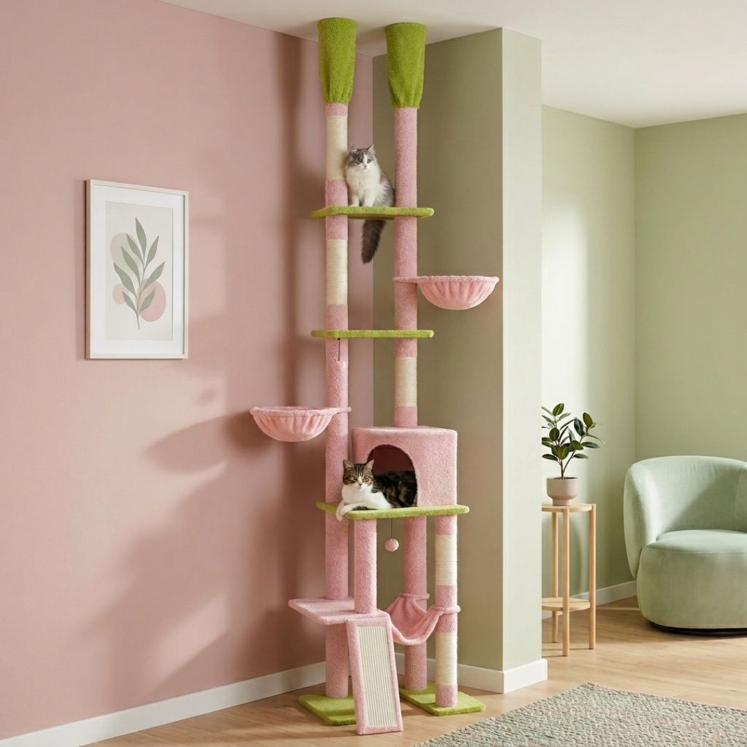 arbre à chat cactus sol au plafond vert réglable dans un salon bohème avec Ragdoll grimpant sur les niveaux