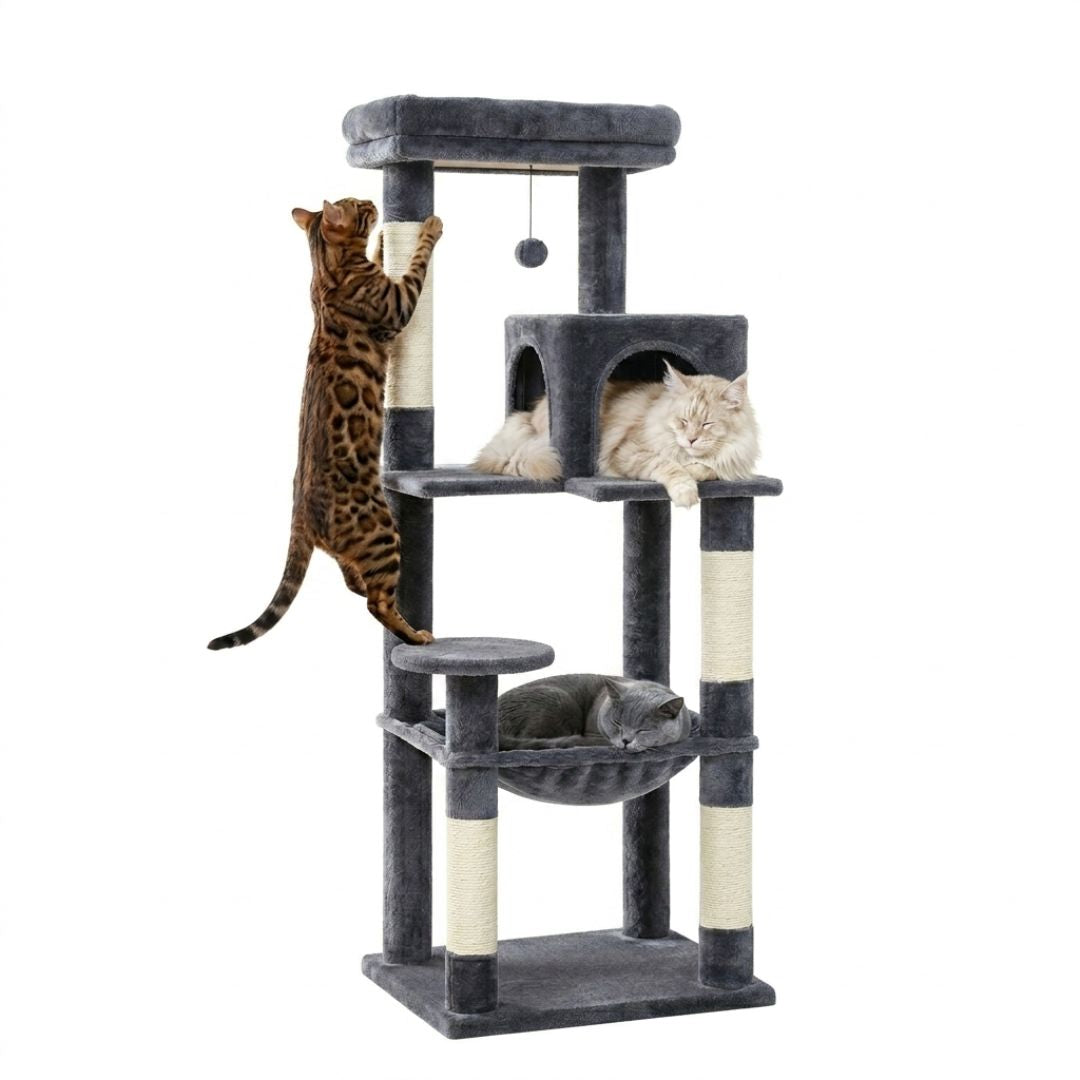 Arbre à chat stabilité renforcée gris foncé 143cm, cabane arche peluche, hamac large gris, plateforme ronde intermédiaire, griffoir sisal résistant, pompon gris, Bengal Maine Coon