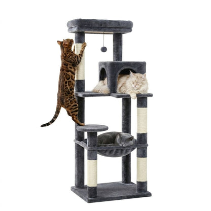 Arbre à chat stabilité renforcée gris foncé 143cm, cabane arche peluche, hamac large gris, plateforme ronde intermédiaire, griffoir sisal résistant, pompon gris, Bengal Maine Coon