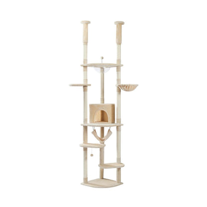 Arbre à chat télescopique beige d'angle sol plafond, cabane arche peluche, hamac suspendu, corbeille ronde, hamac transparent, plateforme ronde, griffoir sisal, pompon