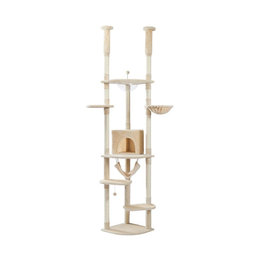 Arbre à chat télescopique beige d'angle sol plafond, cabane arche peluche, hamac suspendu, corbeille ronde, hamac transparent, plateforme ronde, griffoir sisal, pompon