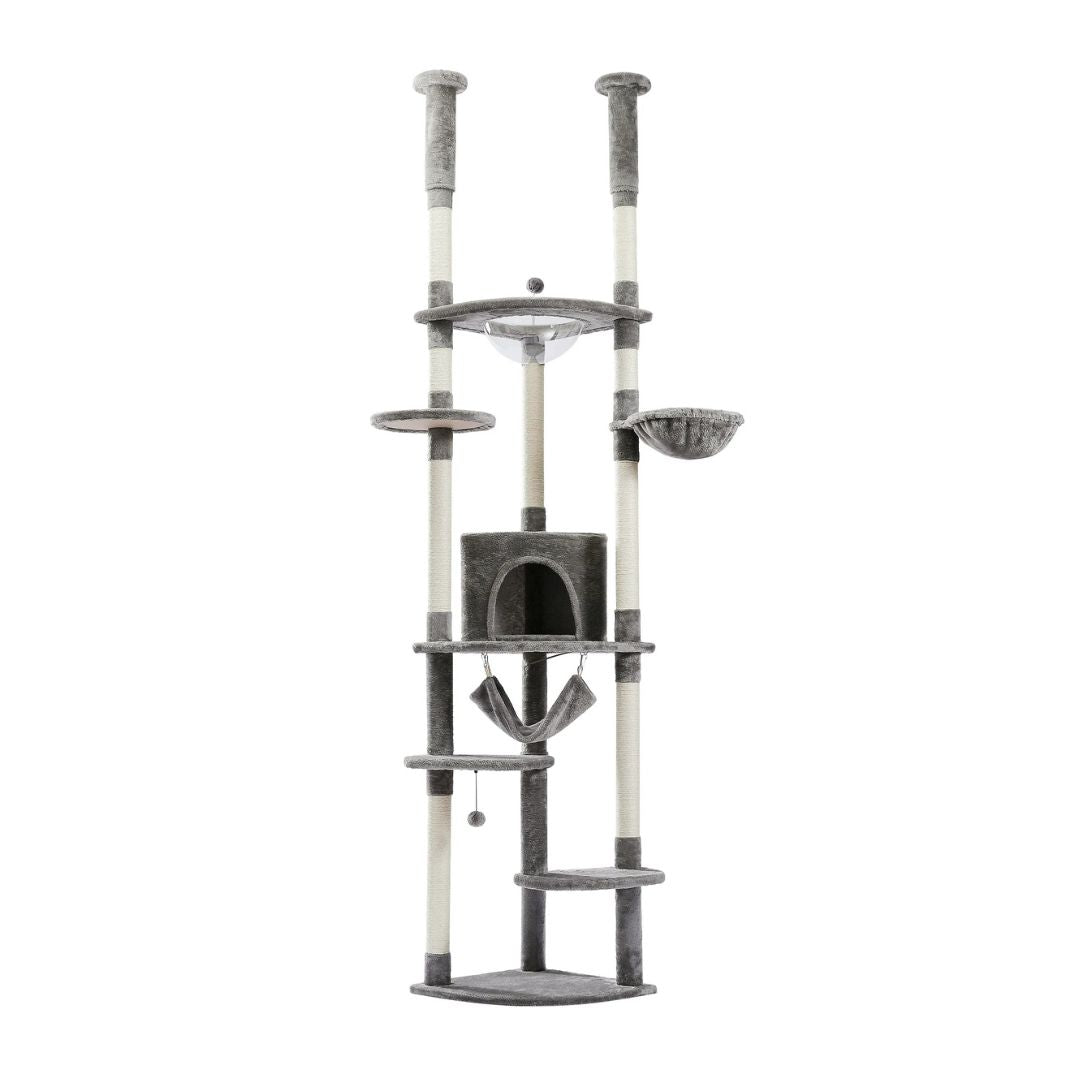 Arbre à chat télescopique gris d'angle sol plafond, cabane arche peluche gris, hamac suspendu, corbeille ronde gris, hamac transparent, plateforme ronde, griffoir sisal