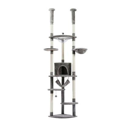 Arbre à chat télescopique gris d'angle sol plafond, cabane arche peluche gris, hamac suspendu, corbeille ronde gris, hamac transparent, plateforme ronde, griffoir sisal