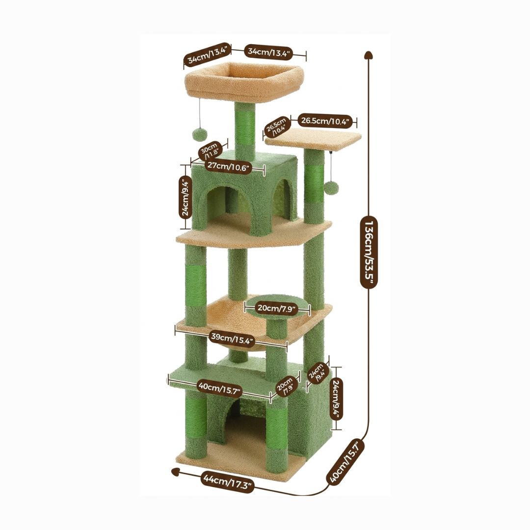 fiche dimensions arbre à chat vert naturel 136cm hauteur base 44x40cm niche 27cm hamac griffoir sisal